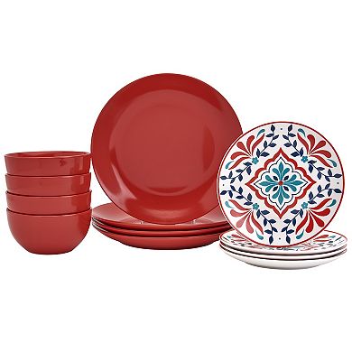 Tabletops Gallery 12-piece Porcelain Round Camila Red Dinnerware Set