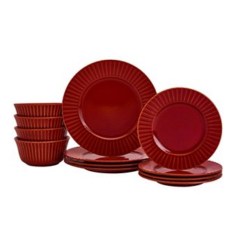 Tabletops Gallery 12 pc Stoneware Embossed Richmond Red Dinnerware Set