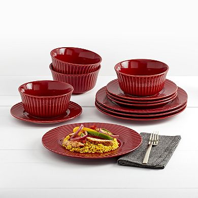 Tabletops Gallery 12-piece Stoneware Embossed Richmond Red Dinnerware Set