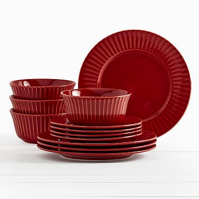 Tabletops Gallery 12-piece Stoneware Embossed Richmond Red Dinnerware Set