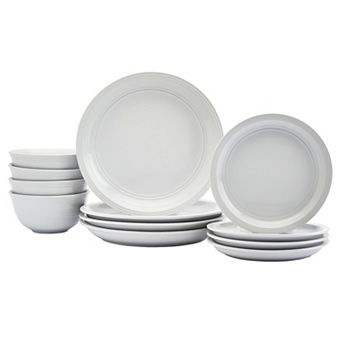 Tabletops Gallery 12 pc Stoneware Farmhouse White Rim Dinnerware Set