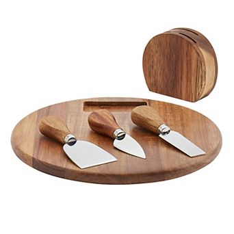 Tabletops Gallery Acacia Wood 5 pc Round Serving Board Set with Cheese Knives & Holding Block