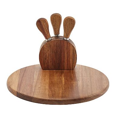 Tabletops Gallery Acacia Wood 5-piece Round Serving Board Set with Cheese Knives & Holding Block