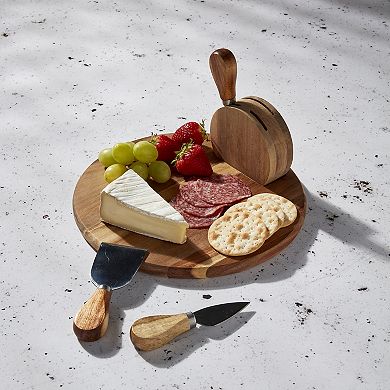 Tabletops Gallery Acacia Wood 5-piece Round Serving Board Set with Cheese Knives & Holding Block