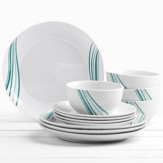 Tabletops Gallery 12 pc Marina White with Aqua Stripes Porcelain Dinnerware Set