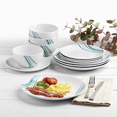 Tabletops Gallery 12-Piece Marina White with Aqua Stripes Porcelain Dinnerware Set