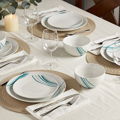 Tabletops Gallery 12-Piece Marina White with Aqua Stripes Porcelain Dinnerware Set