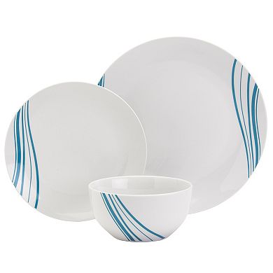 Tabletops Gallery 12-Piece Marina White with Aqua Stripes Porcelain Dinnerware Set
