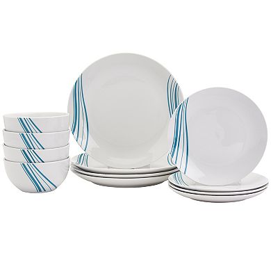 Tabletops Gallery 12-Piece Marina White with Aqua Stripes Porcelain Dinnerware Set