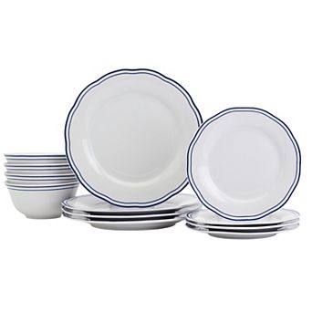 Tabletops Gallery Vintage 12 pc White with Blue Stripes Embossed Porcelain Dinnerware Set