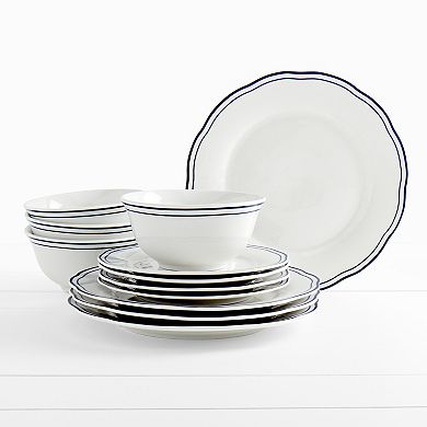Tabletops Gallery Vintage 12-Piece White with Blue Stripes Embossed Porcelain Dinnerware Set