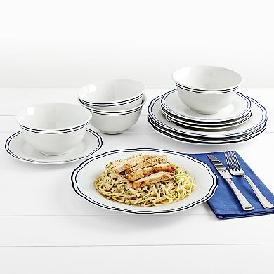 Tabletops Gallery Vintage 12-Piece White with Blue Stripes Embossed Porcelain Dinnerware Set