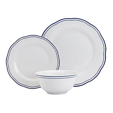 Tabletops Gallery Vintage 12-Piece White with Blue Stripes Embossed Porcelain Dinnerware Set
