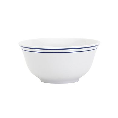 Tabletops Gallery Vintage 12-Piece White with Blue Stripes Embossed Porcelain Dinnerware Set
