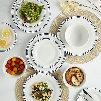 Tabletops Gallery Vintage 12-Piece White with Blue Stripes Embossed Porcelain Dinnerware Set