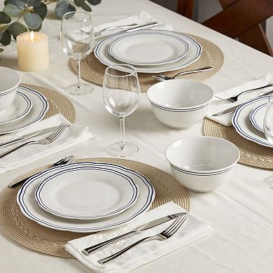 Tabletops Gallery Vintage 12-Piece White with Blue Stripes Embossed Porcelain Dinnerware Set