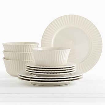 Tabletops Gallery 12 pc Stoneware Embossed Richmond Ivory Dinnerware Set