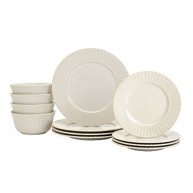 Tabletops Gallery 12-piece Stoneware Embossed Richmond Ivory Dinnerware Set