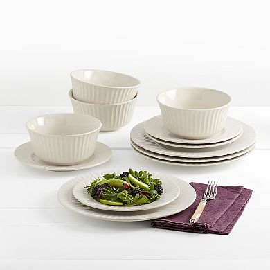 Tabletops Gallery 12-piece Stoneware Embossed Richmond Ivory Dinnerware Set