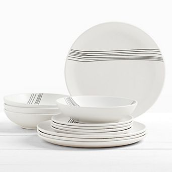 Tabletops Gallery 12 pc Stoneware Sky White & Black Stripes Dinnerware Set