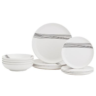 Tabletops Gallery 12-piece Stoneware Sky White & Black Stripes Dinnerware Set