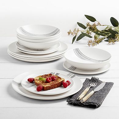 Tabletops Gallery 12-piece Stoneware Sky White & Black Stripes Dinnerware Set