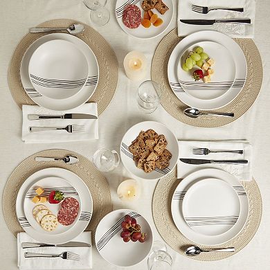 Tabletops Gallery 12-piece Stoneware Sky White & Black Stripes Dinnerware Set