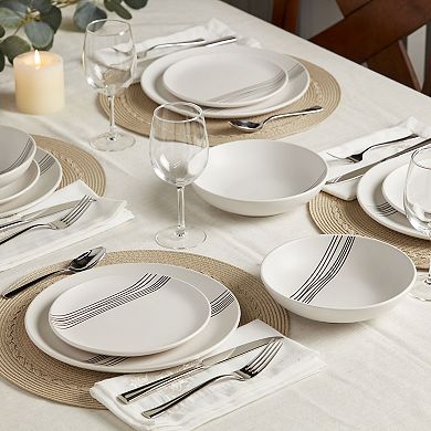 Tabletops Gallery 12-piece Stoneware Sky White & Black Stripes Dinnerware Set