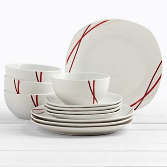 Tabletops Gallery 12 pc Porcelain Adrian White & Red Stripes Dinnerware Set