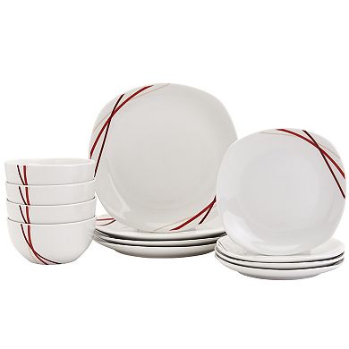Tabletops Gallery 12-piece Porcelain Adrian White & Red Stripes Dinnerware Set