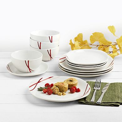Tabletops Gallery 12-piece Porcelain Adrian White & Red Stripes Dinnerware Set