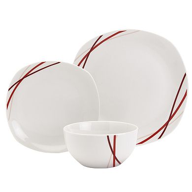 Tabletops Gallery 12-piece Porcelain Adrian White & Red Stripes Dinnerware Set