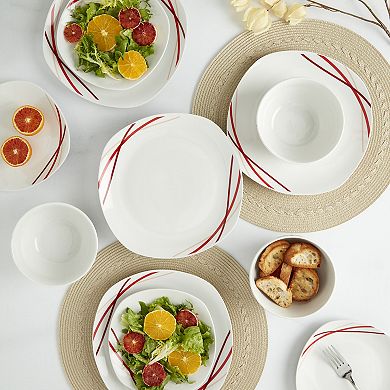 Tabletops Gallery 12-piece Porcelain Adrian White & Red Stripes Dinnerware Set