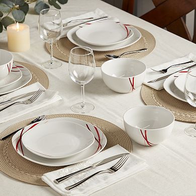 Tabletops Gallery 12-piece Porcelain Adrian White & Red Stripes Dinnerware Set