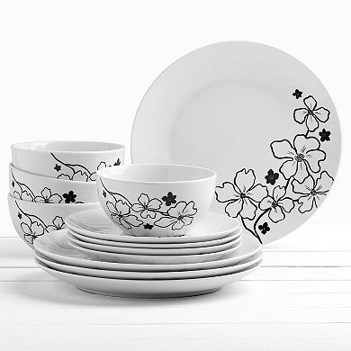 Tabletops Gallery 12-piece Porcelain Margo White & Black Floral Dinnerware Set