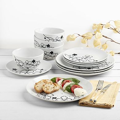 Tabletops Gallery 12-piece Porcelain Margo White & Black Floral Dinnerware Set