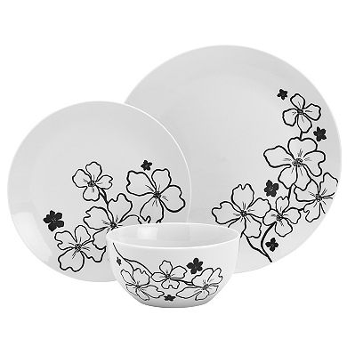 Tabletops Gallery 12-piece Porcelain Margo White & Black Floral Dinnerware Set