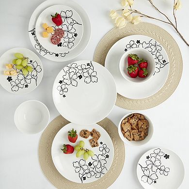 Tabletops Gallery 12-piece Porcelain Margo White & Black Floral Dinnerware Set