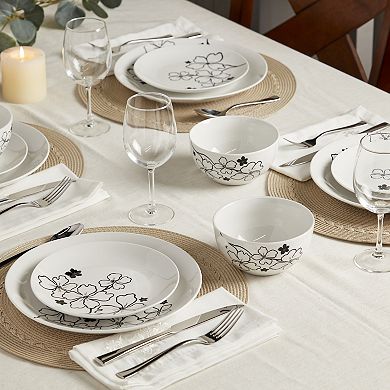 Tabletops Gallery 12-piece Porcelain Margo White & Black Floral Dinnerware Set