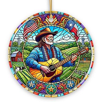 Country Outlaw Texas Melody Ceramic Ornament, Vintage Stained Glass Style Cowboy Music and Guitar