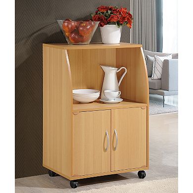 Hodedah Wooden Mini Wheeled Microwave Island Cart with Cabinet Storage, Beech