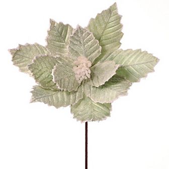 24" Velvet Pastel Green Poinsettia Stem with Snow Edge and Glitter Elegant Christmas Floral Decora