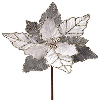 24" White and Silver Glitter Vein Poinsettia Flower with Gold Trim - Christmas Floral Decoration