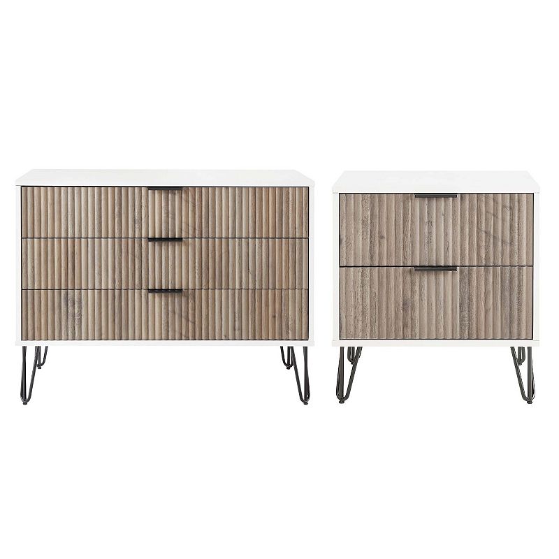 MANHATTAN COMFORT DUMBO 3-Drawer Dresser and 2-Drawer Nightstand with Tool-Free Assembly, White And Gray
