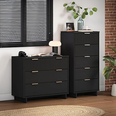 MANHATTAN COMFORT Granville 2-Piece Modern Solid Wood Tall Narrow and Standard Dresser Set