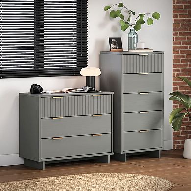 MANHATTAN COMFORT Granville 2-Piece Modern Solid Wood Tall Narrow and Standard Dresser Set