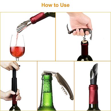 5-Piece Wine Bottle Opener Set with Corkscrew, Pourer, Stopper & Pump