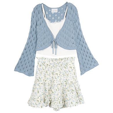 Girls 7-16 Rare Editions 3-Piece Crochet Cardigan, Cami & Floral Skirt Set