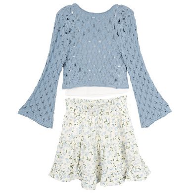 Girls 7-16 Rare Editions 3-Piece Crochet Cardigan, Cami & Floral Skirt Set