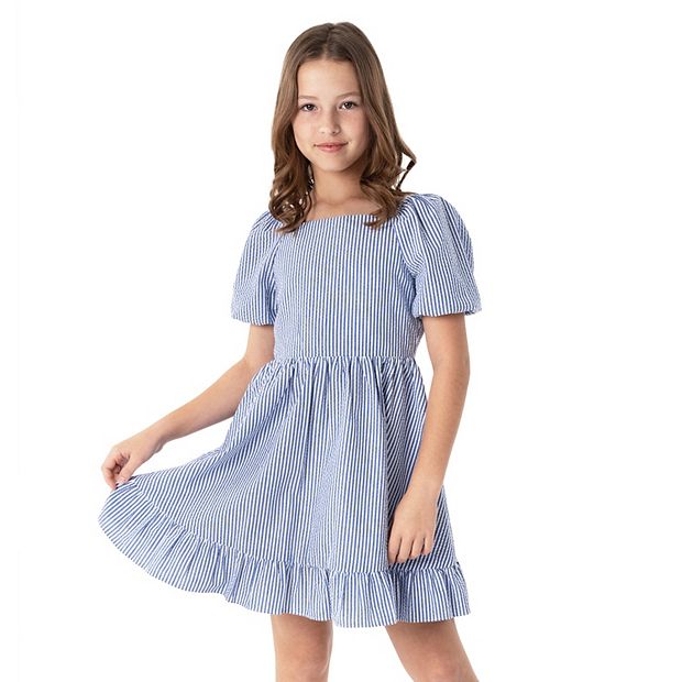 navy blue dress for baby girl Puritan collar A line Maxi seersucker checks dress PHOEBE – OffOn main image 1